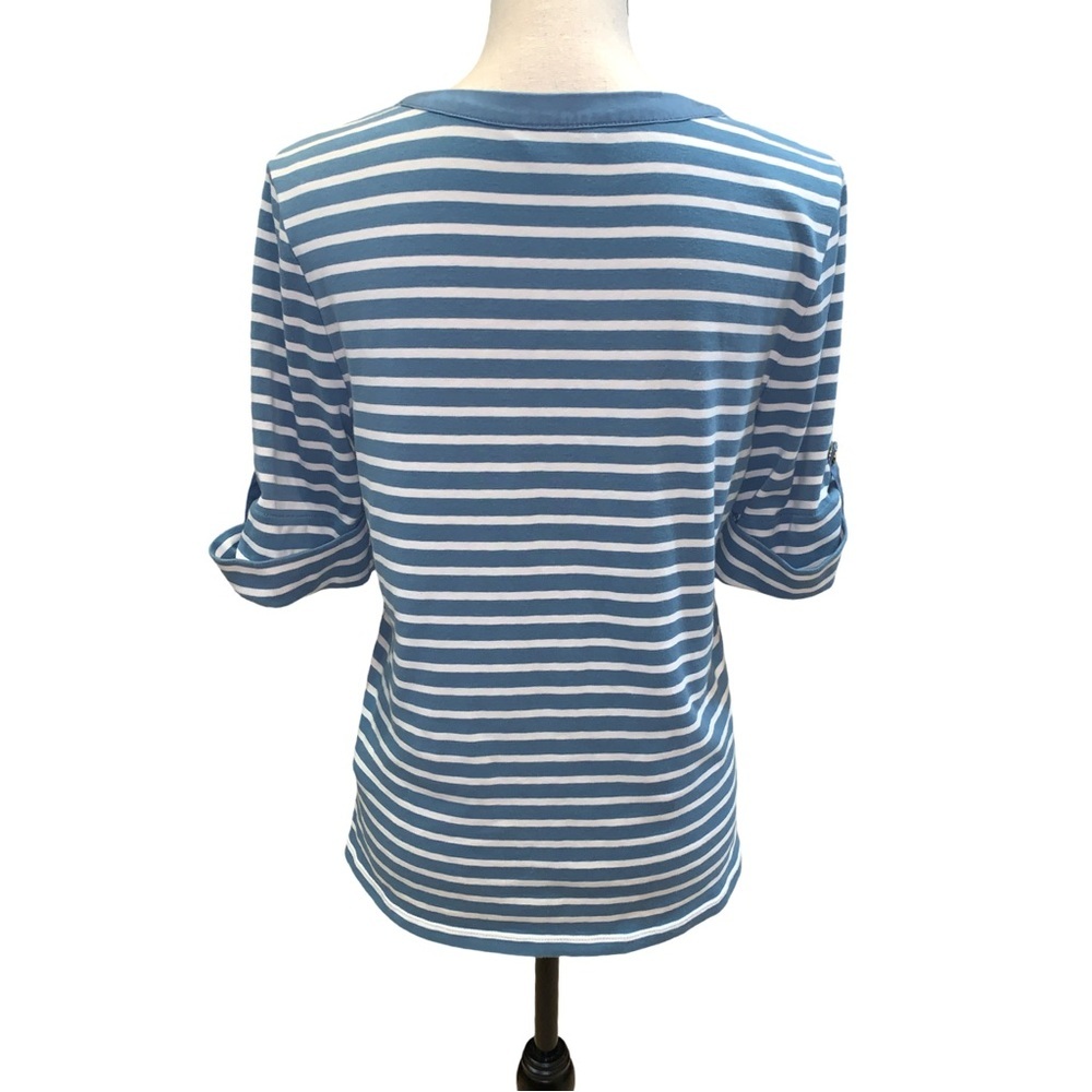 Lauren Ralph Lauren L Blue/White Striped Henley Shirt embroidered logo preppy - Picture 2 of 10